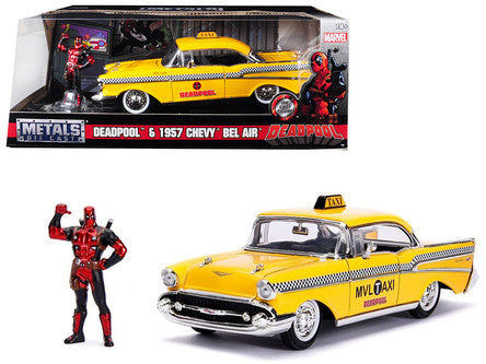 1957 Chevrolet Bel Air Taxi Yellow with Deadpool Diecast Figurine 